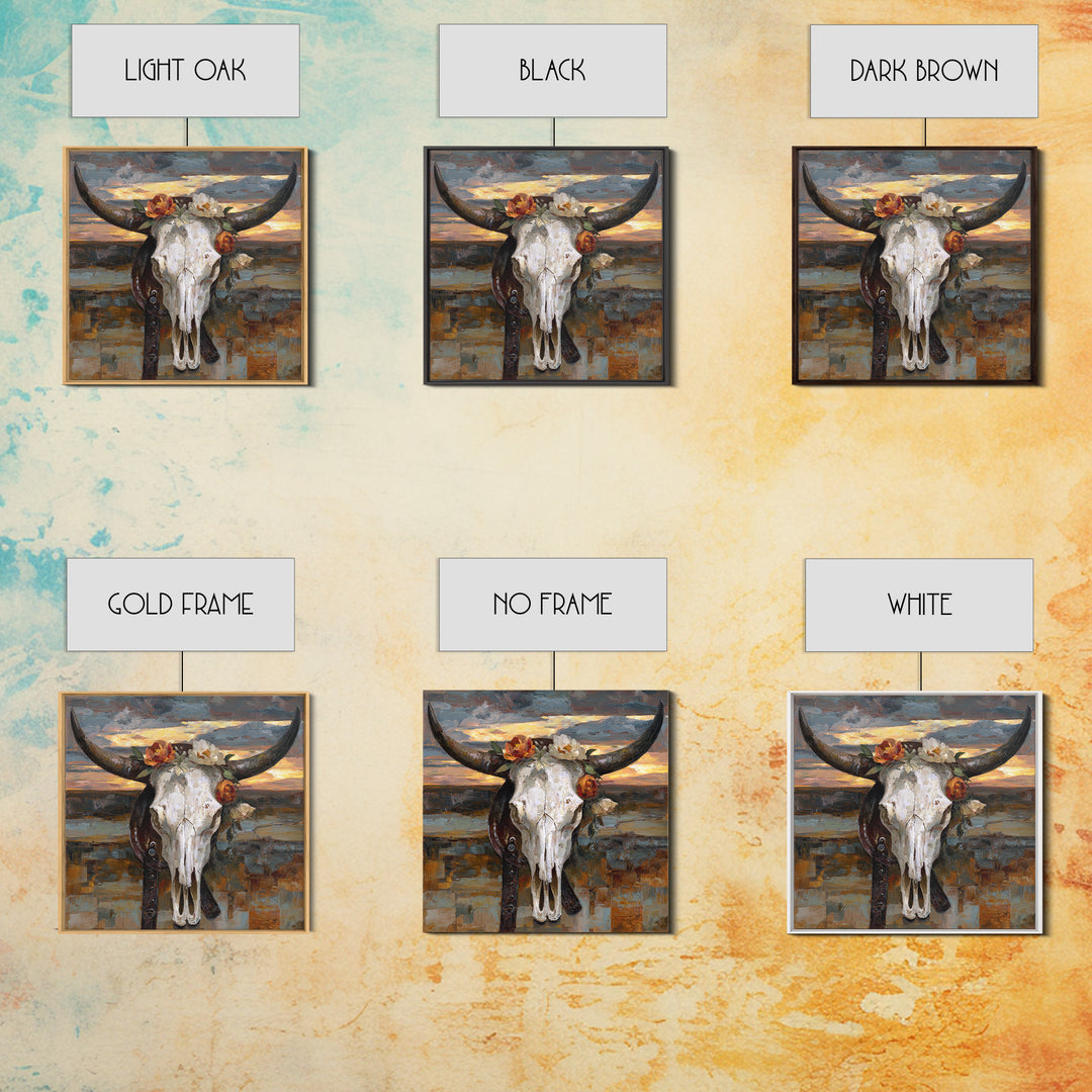 Longhorn Skull with Desert Flowers Framed Canvas Print, Western Art, Cowboy Art, Southwestern Decor, Oil Painting, Frontier, WES-1x1-27