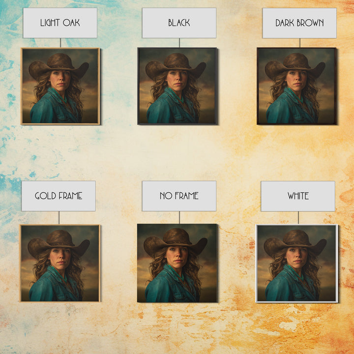 Cowgirl Portrait with Turquoise Jewelry Framed Canvas Print, Western Art, Southwestern Decor, Fine Art, Frontier, Boho Decor, WES-1x1-6