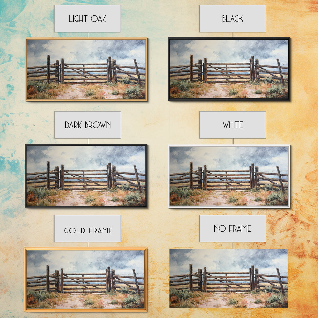 Sun Bleached Ranch Gate Framed Canvas Print, Western Art, Wall Art, Southwestern Decor, Watercolor Art, Frontier, WES-2x1-35