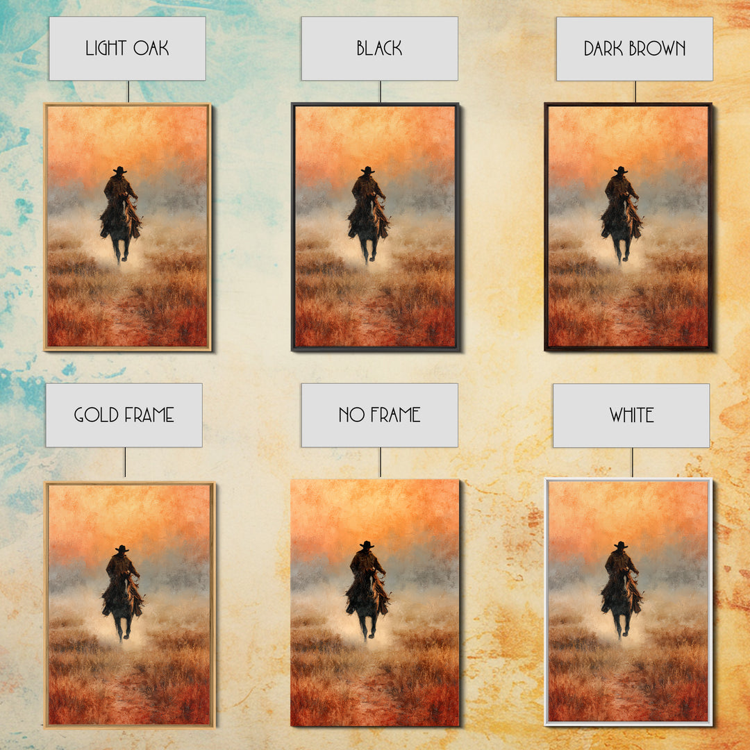 Cowboy Riding Across Dusty Sunset Plains Canvas Print, Western Art, Landscape Painting, Southwestern Decor, Frontier, WES-2x3-33