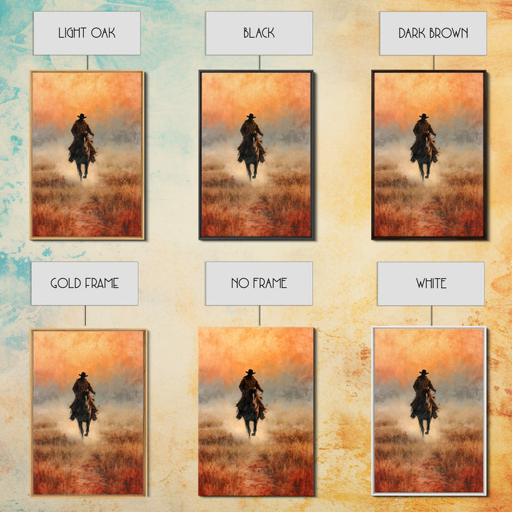 Cowboy Riding Across Dusty Sunset Plains Canvas Print, Western Art, Landscape Painting, Southwestern Decor, Frontier, WES-2x3-33