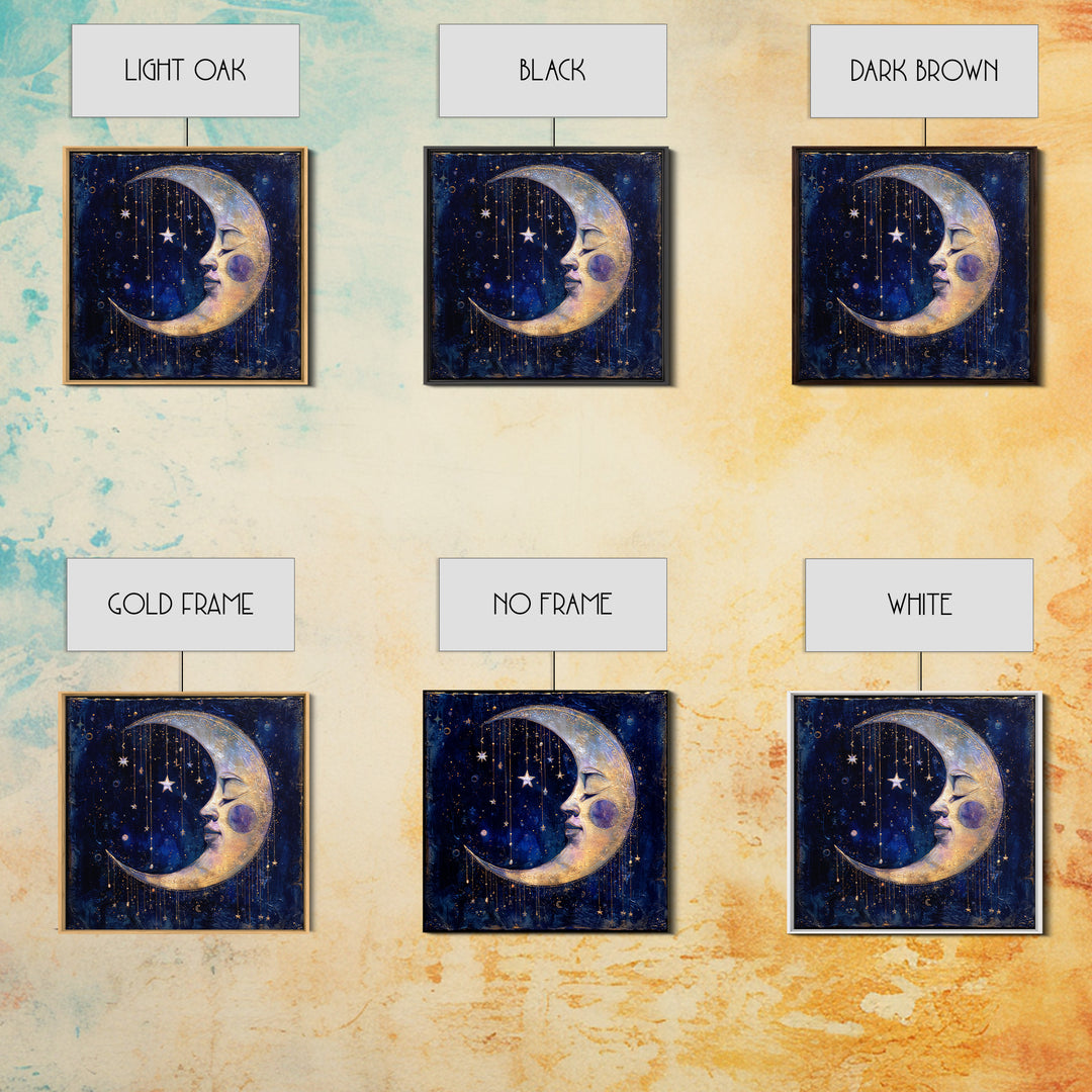 Moon with Sleeping Face and Dangling Stars Framed Canvas Print, Whimsical Art, Printable Art, Living Room Decor, Wonder, WHI-1x1-16