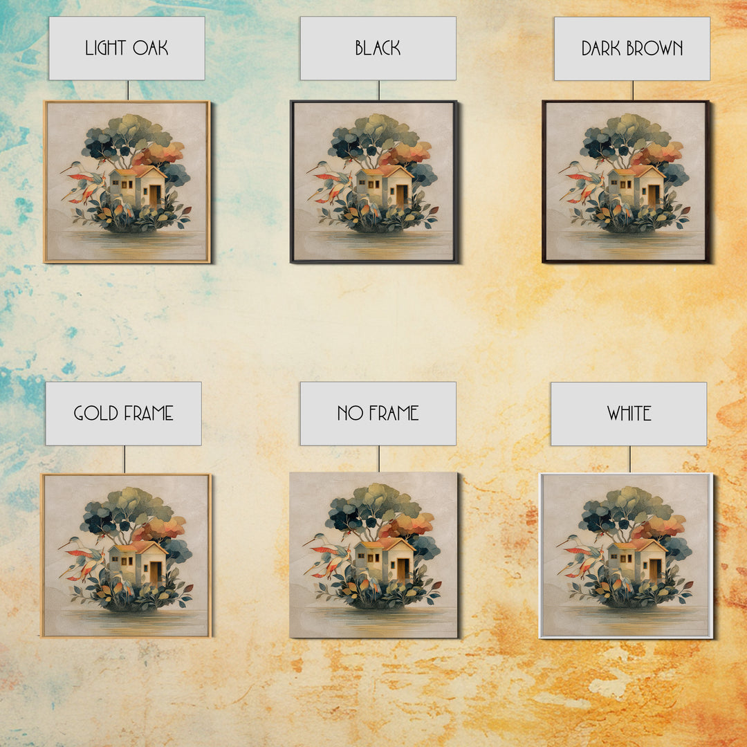Floating House Carried by Colorful Birds Framed Canvas Print, Whimsical Art, Framed Wall Art, Living Room Decor, Wonder, WHI-1x1-7