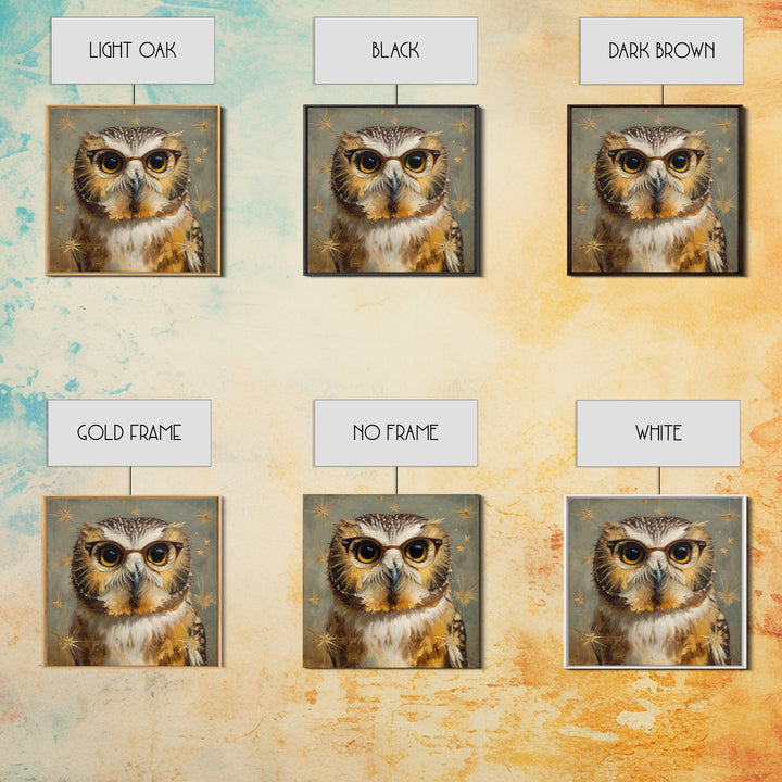 Owl Wearing Spectacles Among Stars Framed Canvas Print, Whimsical Art, Statement Artwork, Living Room Decor, Fine Art, Wonder, WHI-1x1-78
