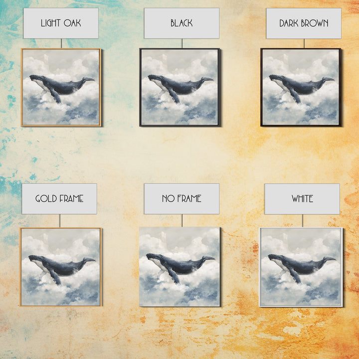 Whale Flying Through Clouds Like Ocean Canvas Print, Whimsical Art, Minimalist Decor, Living Room Decor, Oil Painting, Wonder, WHI-1x1-85