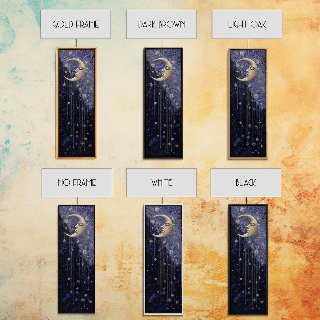 Moon with Sleeping Face and Dangling Stars Canvas Print, Whimsical Art, Nursery Art, Living Room Decor, Fine Art, Wonder, WHI-1x3-100