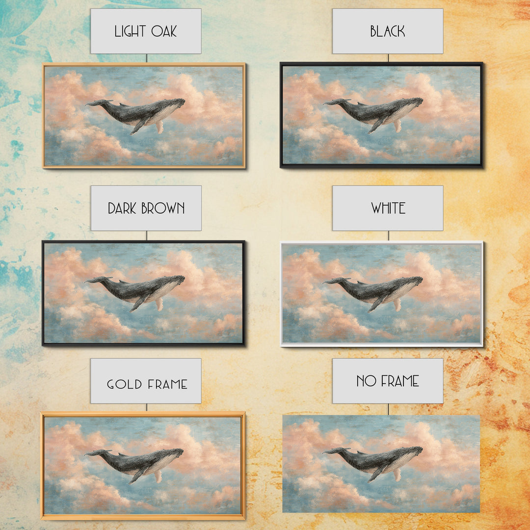 Whale Flying Through Clouds Like Ocean Framed Canvas Print, Whimsical Art, Art Print, Living Room Decor, Fine Art, Wonder, WHI-2x1-33