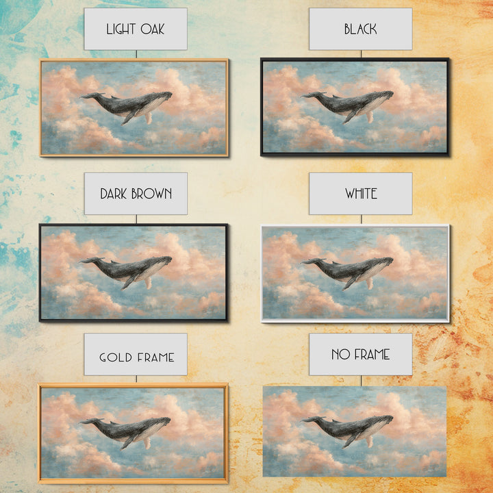 Whale Flying Through Clouds Like Ocean Framed Canvas Print, Whimsical Art, Art Print, Living Room Decor, Fine Art, Wonder, WHI-2x1-33