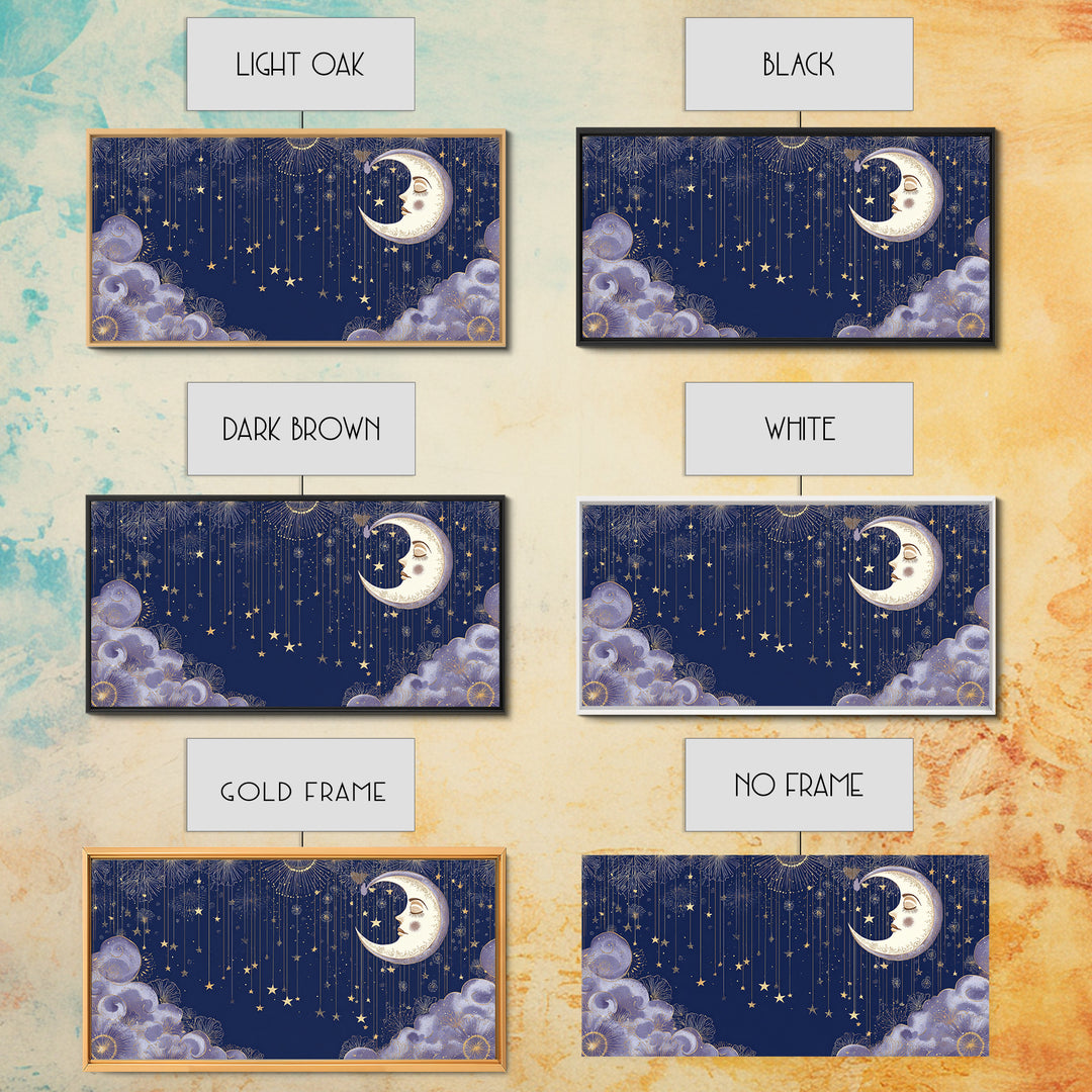 Moon with Sleeping Face and Dangling Stars Canvas Print, Whimsical Art, Home Decor, Living Room Decor, Fine Art, Wonder, WHI-2x1-36