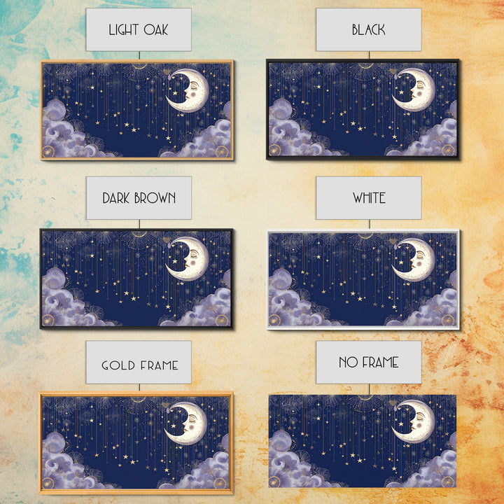 Moon with Sleeping Face and Dangling Stars Canvas Print, Whimsical Art, Home Decor, Living Room Decor, Fine Art, Wonder, WHI-2x1-36