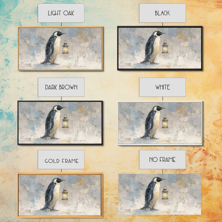 Penguin Holding a Lantern Framed Canvas Print, Whimsical Art, Digital Art, Living Room Decor, Fine Art, Wonder, Nursery, WHI-2x1-37