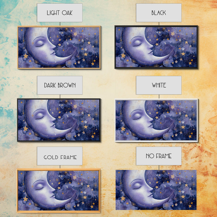 Moon with Sleeping Face and Dangling Stars Framed Canvas Print, Whimsical Art, Living Room Decor, Wonder, Gallery Decor, WHI-2x1-84