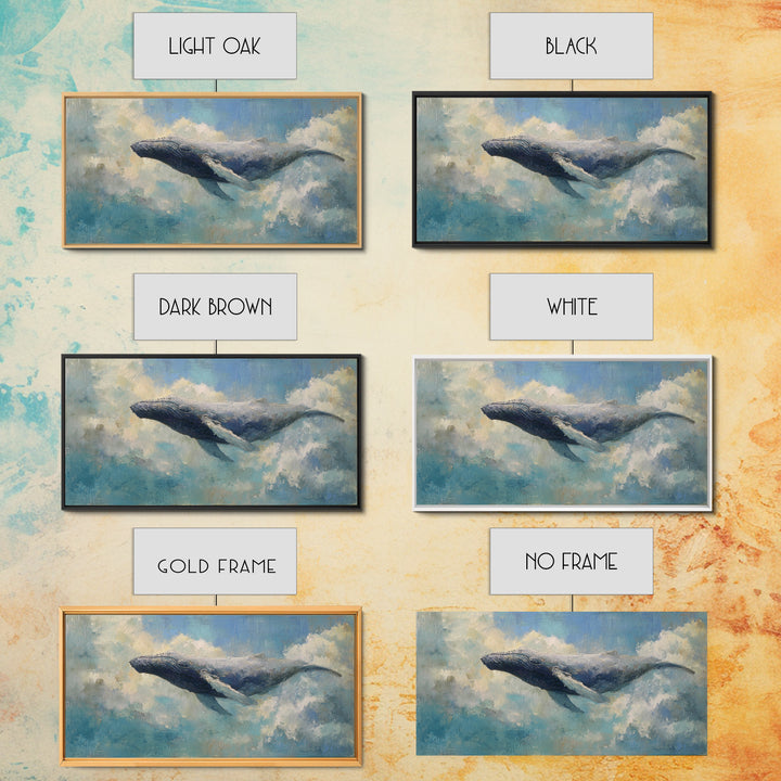 Whale Flying Through Clouds Like Ocean Framed Canvas Print, Whimsical Art, Art Print, Living Room Decor, Fine Art, Wonder, WHI-2x1-9