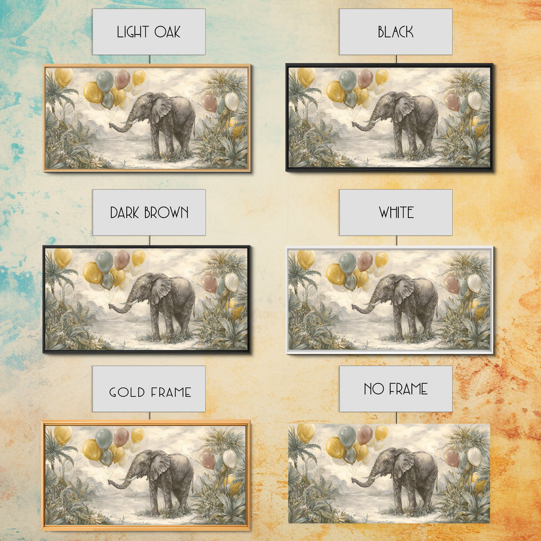 Elephant Holding Balloons Framed Canvas Print, Whimsical Art, Neutral Decor, Living Room Decor, Fine Art, Wonder, Home Decor, WHI-2x1-95
