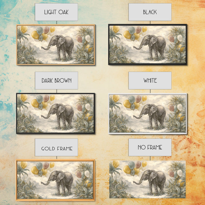 Elephant Holding Balloons Framed Canvas Print, Whimsical Art, Neutral Decor, Living Room Decor, Fine Art, Wonder, Home Decor, WHI-2x1-95