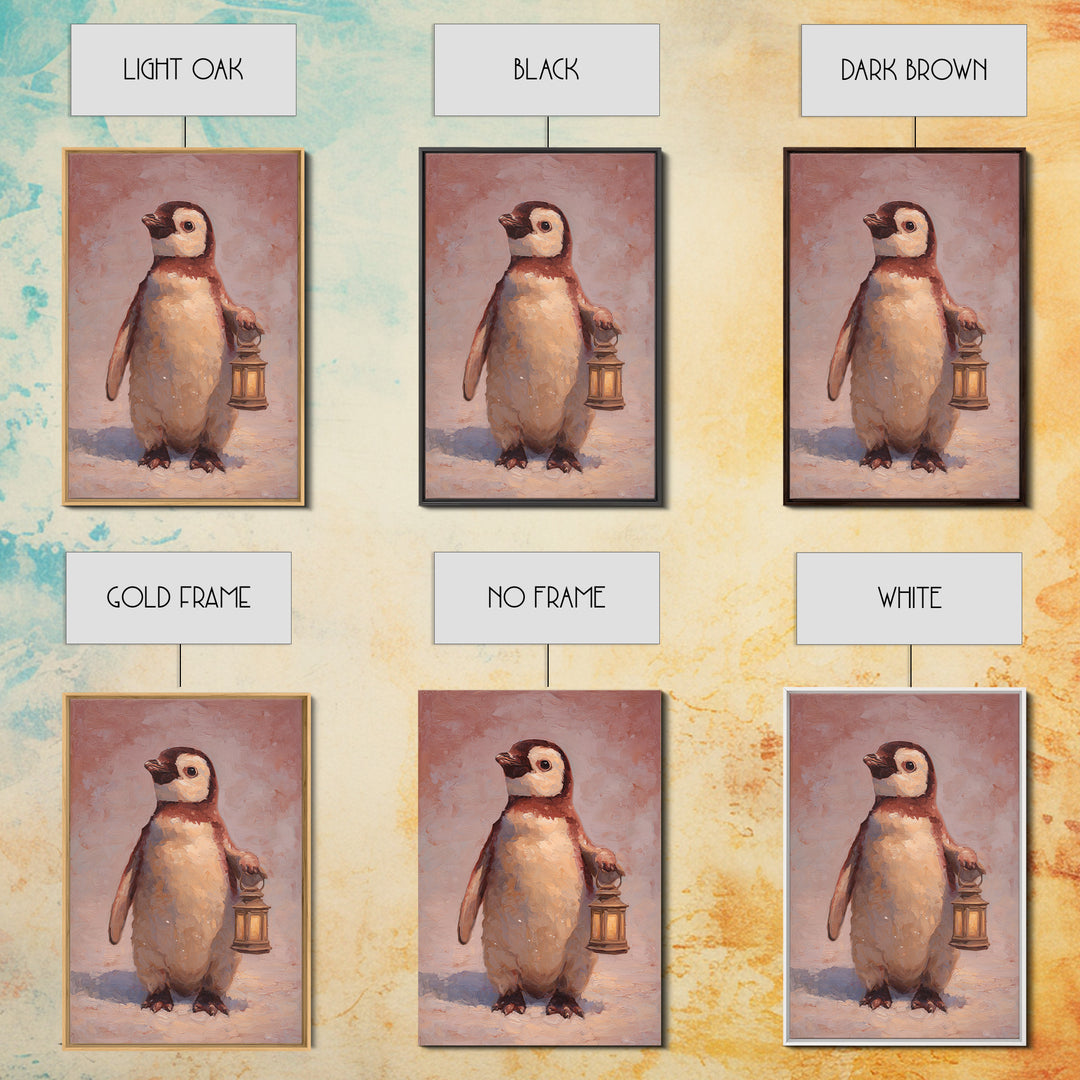 Penguin Holding a Lantern Framed Canvas Print, Whimsical Art, Oil Painting, Living Room Decor, Wonder, Dark Academia Decor, WHI-2x3-1