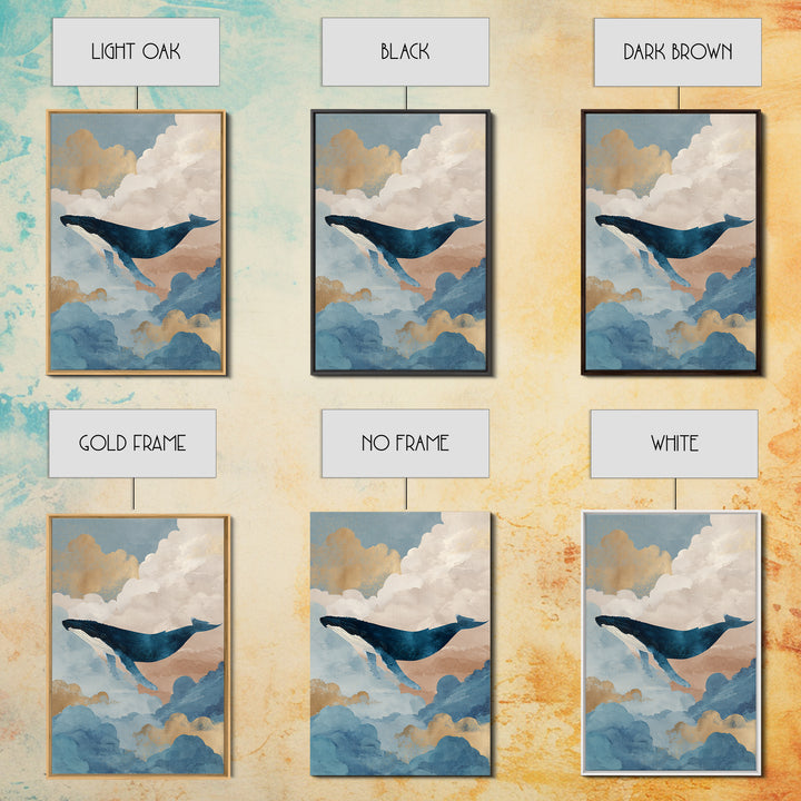 Whale Flying Through Clouds Like Ocean Framed Canvas Print, Whimsical Art, Printable Wall Art, Living Room Decor, Wonder, WHI-2x3-21