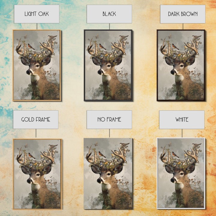 Deer with Antlers Full of Birds Framed Canvas Print, Whimsical Art, Room Decor, Living Room Decor, Wonder, Oil Painting, WHI-2x3-3