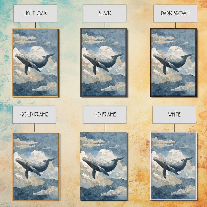 Whale Flying Through Clouds Like Ocean Canvas Print, Whimsical Art, Framed Wall Art, Living Room Decor, Oil Painting, Wonder, WHI-2x3-45