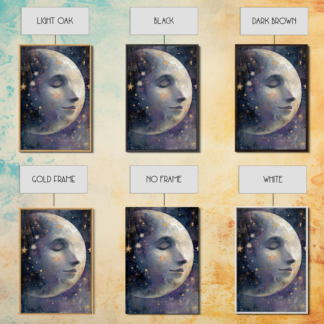 Moon with Sleeping Face and Dangling Stars Framed Canvas Print, Whimsical Art, Home Decor, Living Room Decor, Fine Art, Wonder, WHI-2x3-48