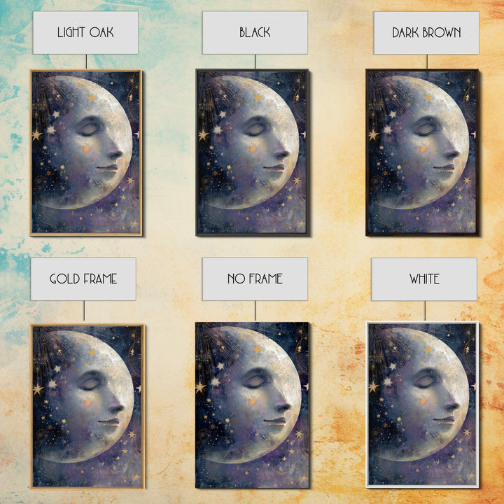 Moon with Sleeping Face and Dangling Stars Framed Canvas Print, Whimsical Art, Home Decor, Living Room Decor, Fine Art, Wonder, WHI-2x3-48