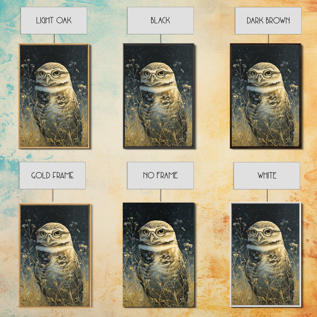 Owl Wearing Spectacles Among Stars Canvas Print, Whimsical Art, Art Nouveau, Living Room Decor, Abstract Art, Wonder, WHI-2x3-62
