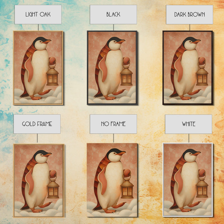 Penguin Holding a Lantern Framed Canvas Print, Whimsical Art, Abstract Wall Art, Living Room Decor, Fine Art, Wonder, WHI-2x3-73