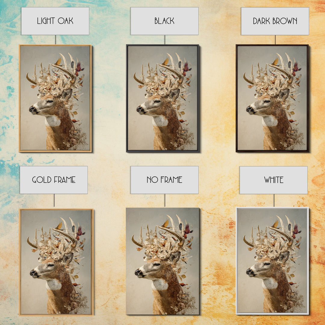 Deer with Antlers Full of Birds Framed Canvas Print, Whimsical Art, Living Room Decor, Fine Art, Wonder, Gallery Decor, WHI-2x3-75