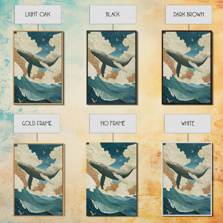 Whale Flying Through Clouds Like Ocean Framed Canvas Print, Whimsical Art, Living Room Decor, Fine Art, Wonder, Gallery Decor, WHI-2x3-93