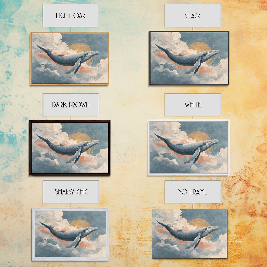 Whale Flying Through Clouds Like Ocean Framed Canvas Print, Whimsical Art, Watercolor Art, Living Room Decor, Wonder, WHI-3x2-65