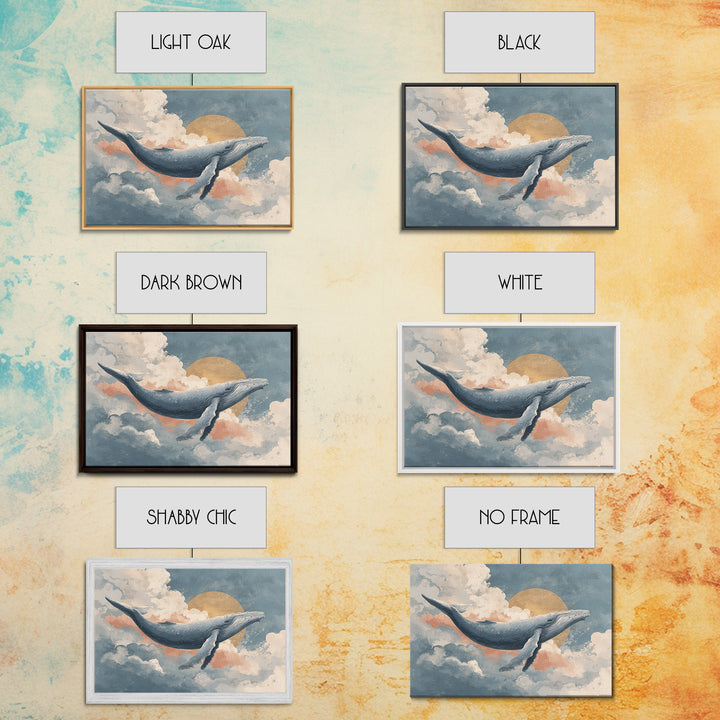 Whale Flying Through Clouds Like Ocean Framed Canvas Print, Whimsical Art, Watercolor Art, Living Room Decor, Wonder, WHI-3x2-65