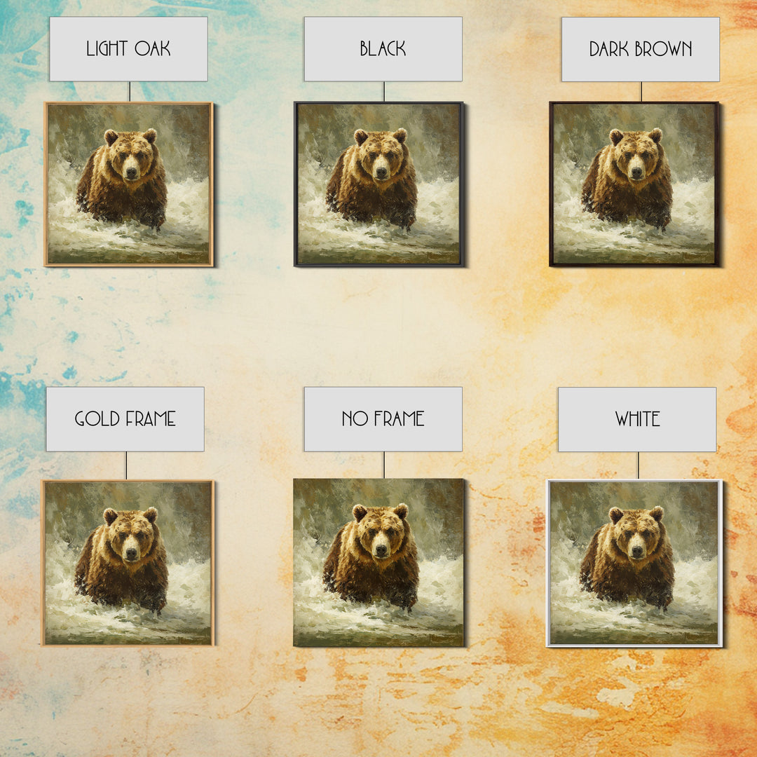 Bear Fishing in Rushing Mountain River Framed Canvas Print, Wildlife Art, Digital Wall Art, Living Room Decor, Fine Art, Wild, WIL-1x1-28