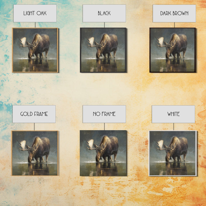 Moose Standing in Reflective Lake Framed Canvas Print, Wildlife Art, Modern Art, Living Room Decor, Wild, Neutral Decor, WIL-1x1-43