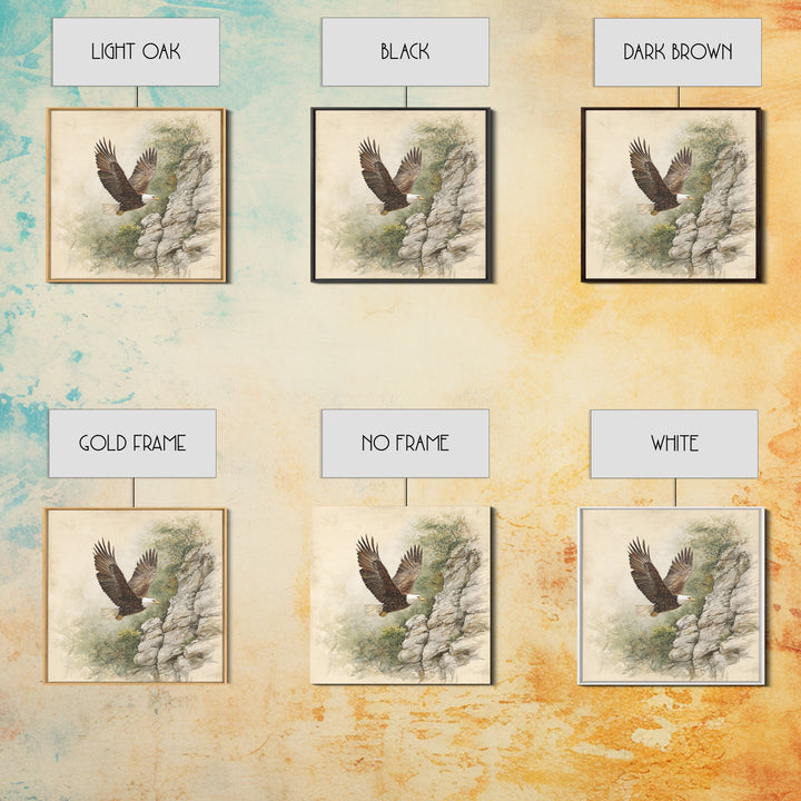 Eagle Soaring Above Rocky Cliffs Canvas Print, Wildlife Art, Bird Wall Art, Living Room Decor, Oil Painting, Wild, Luxury Decor, WIL-1x1-54