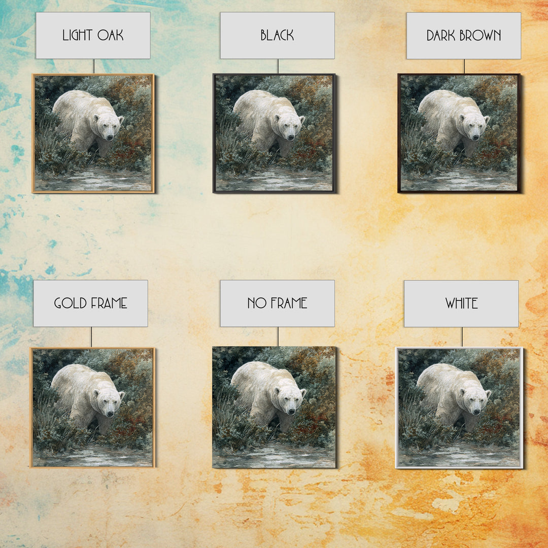 Polar Bear Crossing Blue Ice Framed Canvas Print, Wildlife Art, Original Artwork, Living Room Decor, Wild, Minimalist Decor, WIL-1x1-63