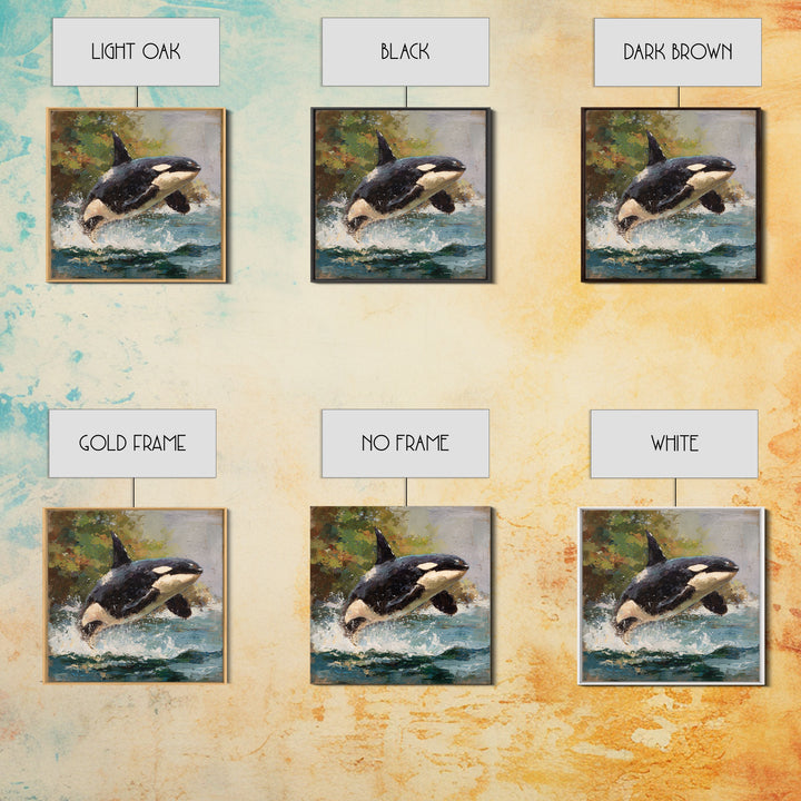 Orca Breaching in Cold Ocean Framed Canvas Print, Wildlife Art, Nature Wall Art, Living Room Decor, Fine Art, Wild, Art Print, WIL-1x1-71