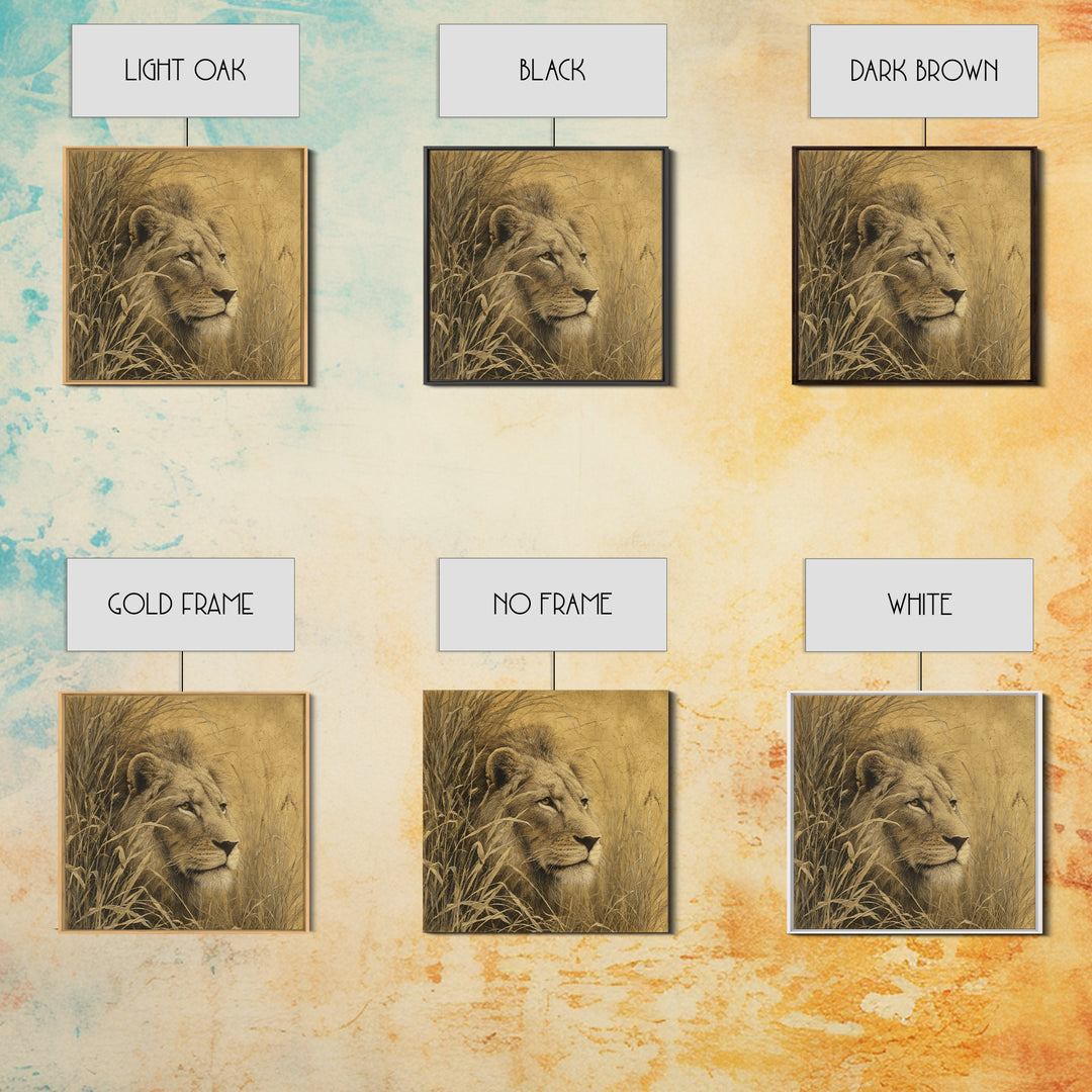 Lion Emerging from Golden Savanna Grass Framed Canvas Print, Wildlife Art, Art Print, Living Room Decor, Watercolor Art, Wild, WIL-1x1-73