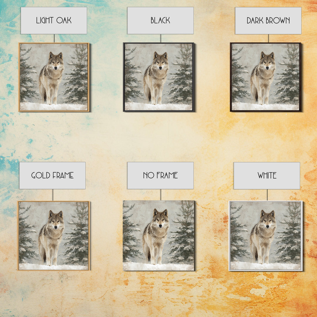 Wolf Standing Beneath Snowy Pine Trees Canvas Print, Wildlife Art, Modern Decor, Living Room Decor, Fine Art, Wild, Home Decor, WIL-1x1-75