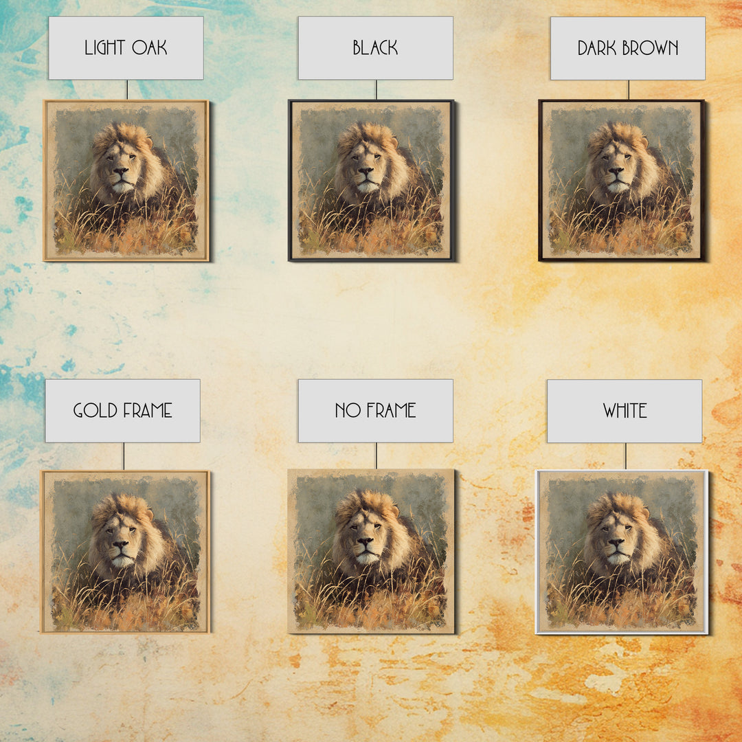 Lion Emerging from Golden Savanna Grass Canvas Print, Wildlife Art, Wall Art, Living Room Decor, Oil Painting, Wild, WIL-1x1-97