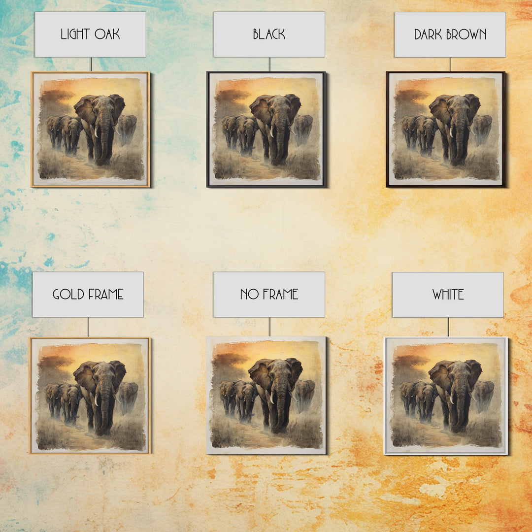 Elephant Herd Walking Through Dusty Sunset Canvas Print, Wildlife Art, Boho Decor, Living Room Decor, Fine Art, Wild, WIL-1x1-98