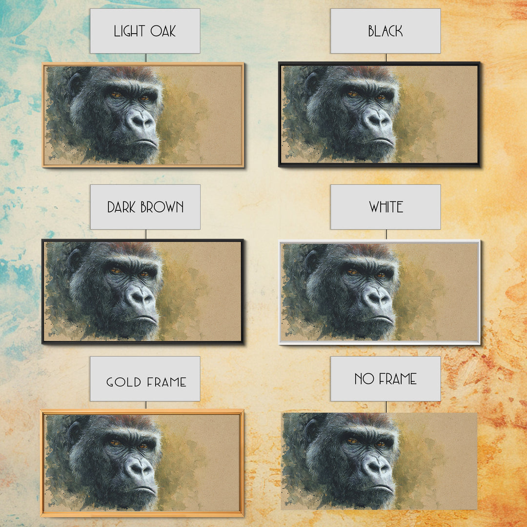 Gorilla Portrait with Powerful Gaze Framed Canvas Print, Wildlife Art, Minimalist Decor, Living Room Decor, Oil Painting, Wild, WIL-2x1-13