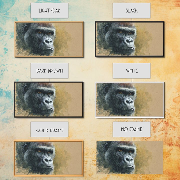 Gorilla Portrait with Powerful Gaze Framed Canvas Print, Wildlife Art, Minimalist Decor, Living Room Decor, Oil Painting, Wild, WIL-2x1-13