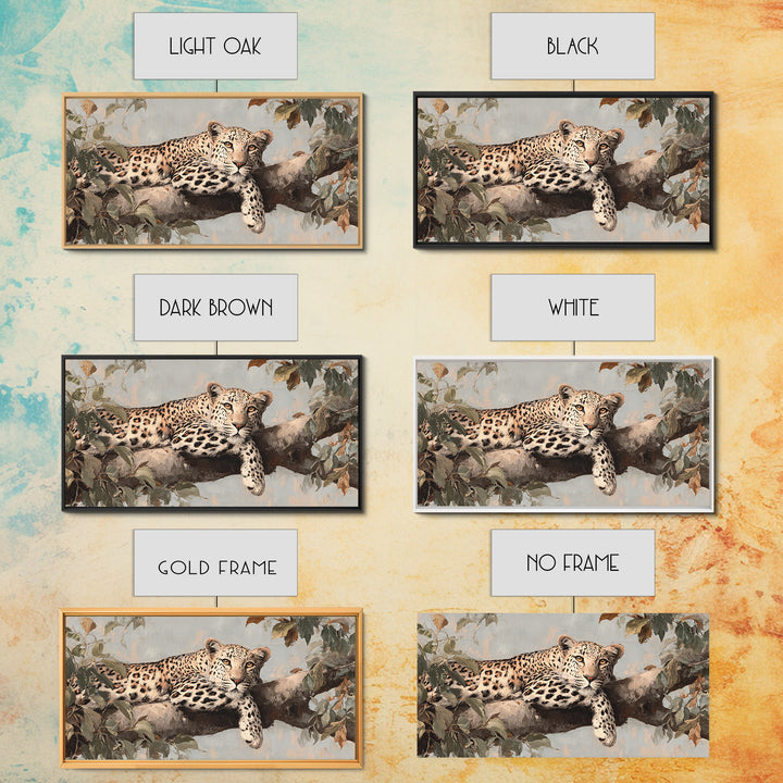 Leopard Resting on Tree Branch Framed Canvas Print, Wildlife Art, Art Print, Living Room Decor, Watercolor Art, Wild, WIL-2x1-34