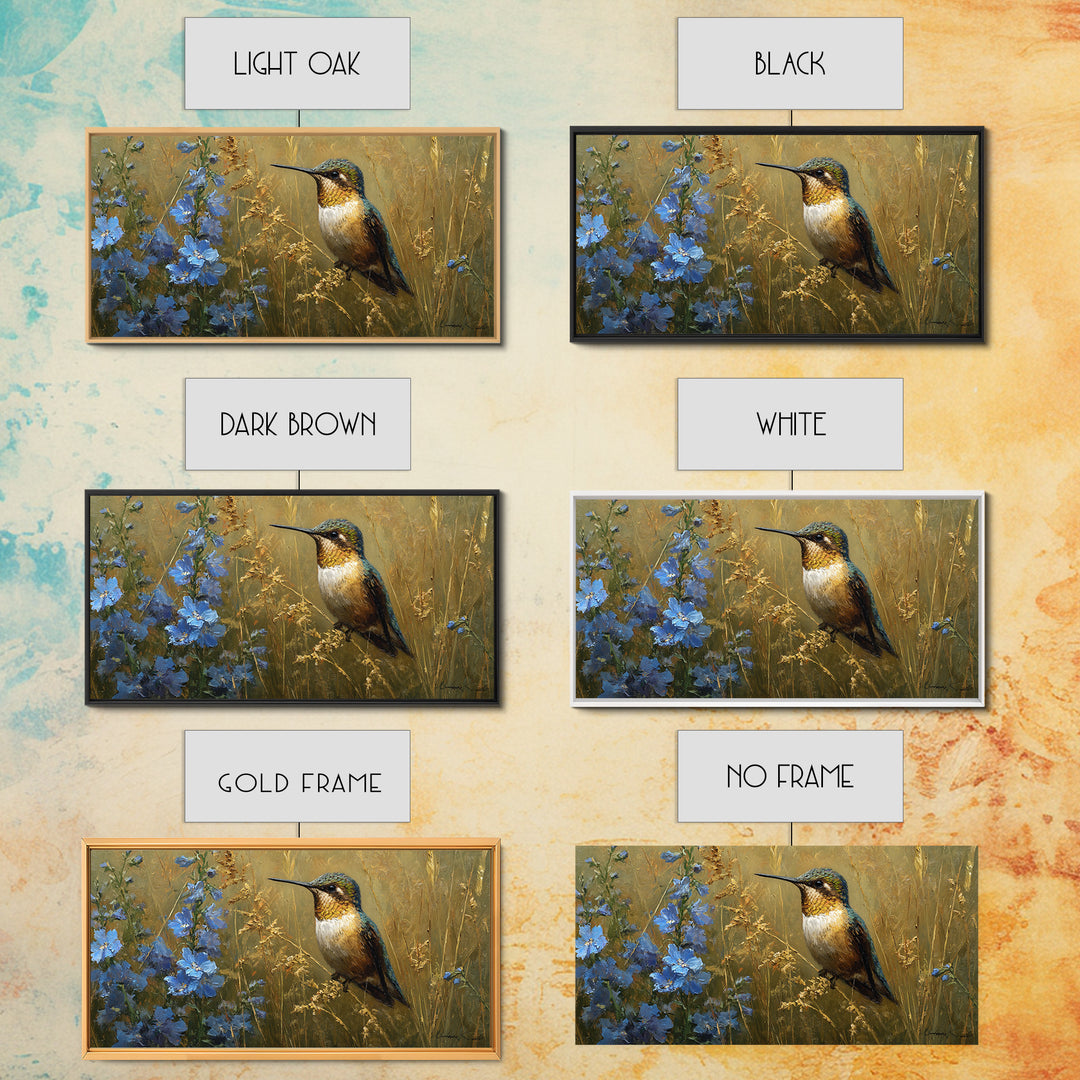 Hummingbird Beside Bright Flowers Canvas Print, Wildlife Art, Wall Art, Living Room Decor, Fine Art, Wild, Modern Wall Art, WIL-2x1-36