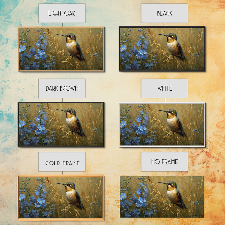 Hummingbird Beside Bright Flowers Canvas Print, Wildlife Art, Wall Art, Living Room Decor, Fine Art, Wild, Modern Wall Art, WIL-2x1-36