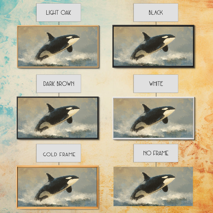 Orca Breaching in Cold Ocean Framed Canvas Print, Wildlife Art, Wall Hangings, Living Room Decor, Oil Painting, Wild, WIL-2x1-43
