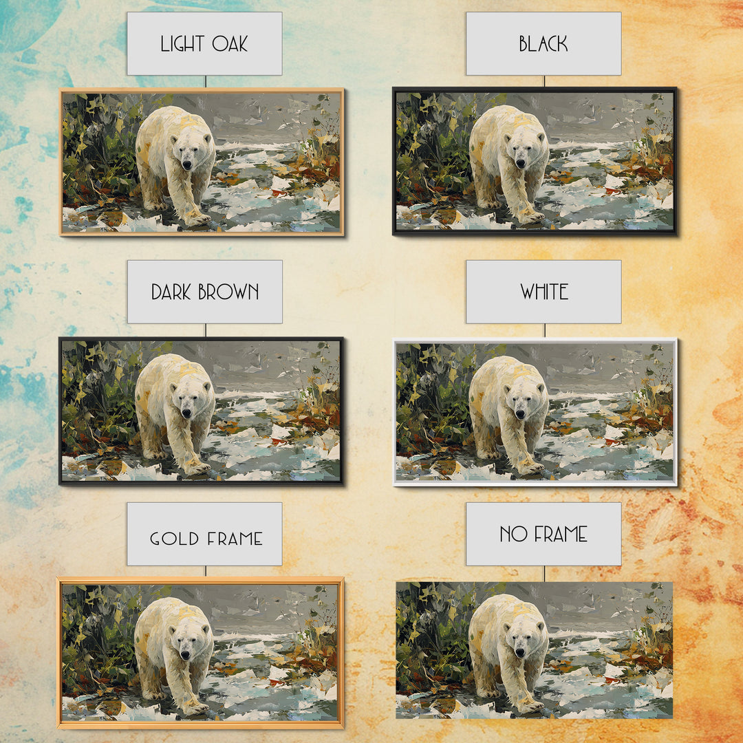Polar Bear Crossing Blue Ice Framed Canvas Print, Wildlife Art, Landscape Art, Living Room Decor, Watercolor Art, Wild, WIL-2x1-59