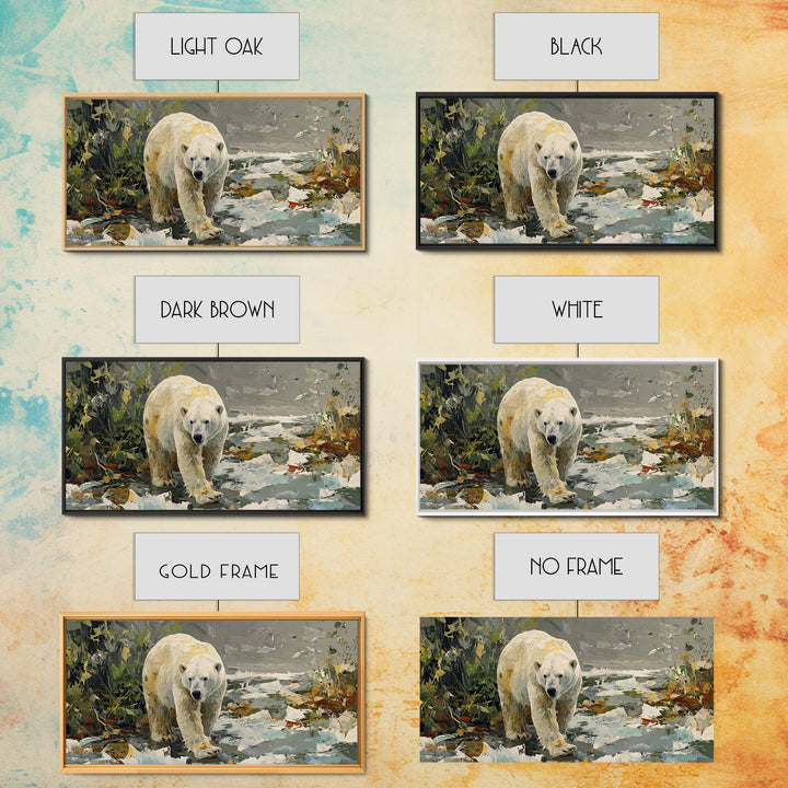 Polar Bear Crossing Blue Ice Framed Canvas Print, Wildlife Art, Landscape Art, Living Room Decor, Watercolor Art, Wild, WIL-2x1-59