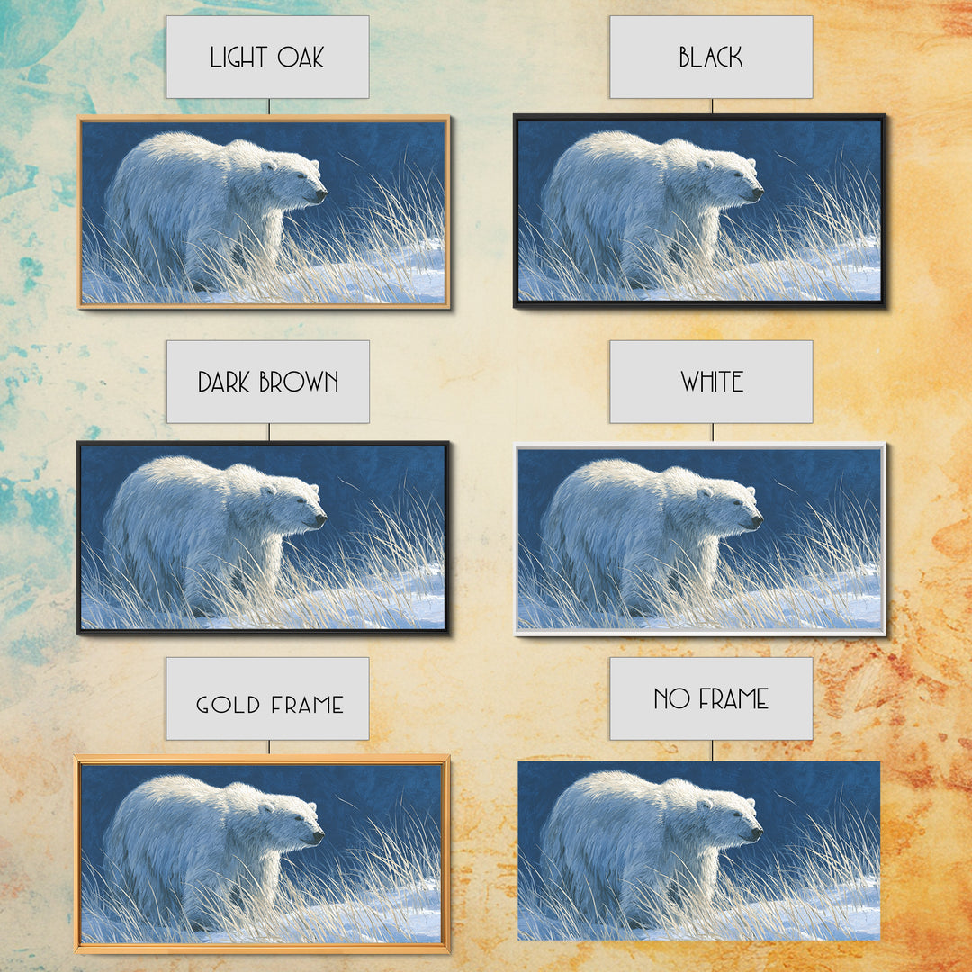 Polar Bear Crossing Blue Ice Framed Canvas Print, Wildlife Art, Contemporary Art, Living Room Decor, Wild, Wall Art Print, WIL-2x1-83