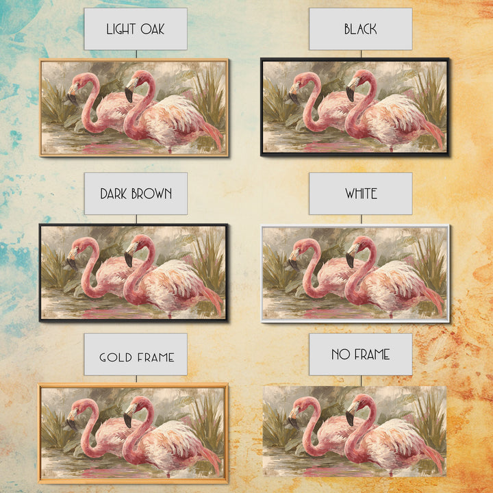 Flamingos in Pink Shallow Water Framed Canvas Print, Wildlife Art, Art, Living Room Decor, Oil Painting, Wild, WIL-2x1-90